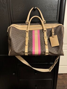 Michael Kors Brown Travel Duffel with Pink & Tan Center Stripe